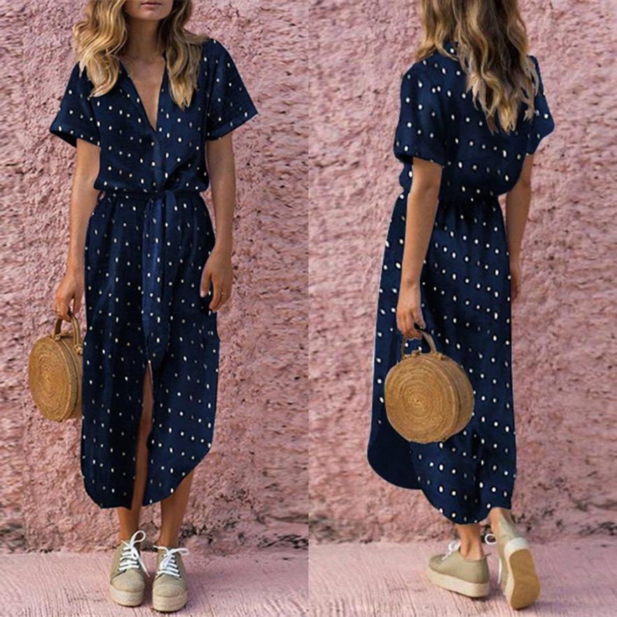 KANCOOLD Dress Womens Sexy Casual Daily Bow Tie V Neck Dot Button Dress Short Sleeve Soild Long Dress women 2018AUG14