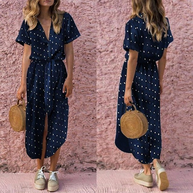 KANCOOLD Dress Womens Sexy Casual Daily Bow Tie V Neck Dot Button Dress Short Sleeve Soild Long Dress women 2018AUG14