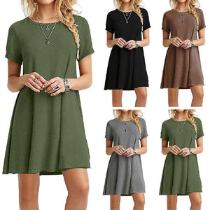 Casual Boho Beach Dresses  Womens O-Neck Party Summer Dress Short Sleeve Loose Mini Dress