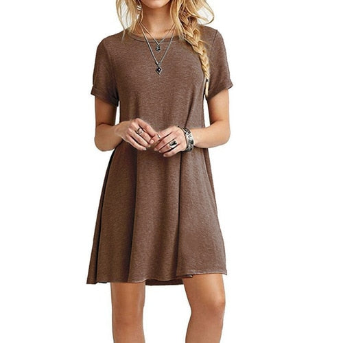 Casual Boho Beach Dresses  Womens O-Neck Party Summer Dress Short Sleeve Loose Mini Dress