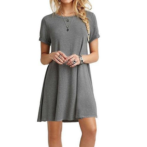 Casual Boho Beach Dresses  Womens O-Neck Party Summer Dress Short Sleeve Loose Mini Dress