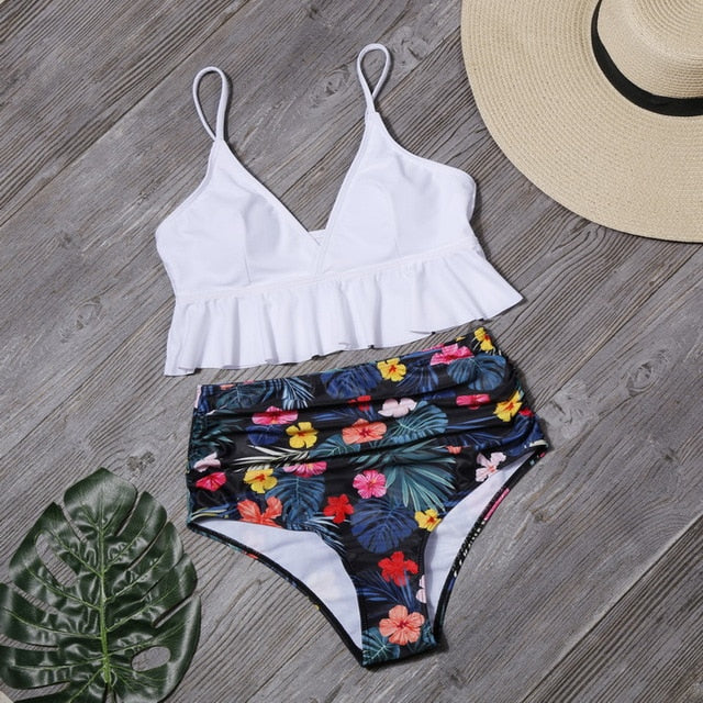 Sexy Ruffle Bikini Set Women Solid Print Swimsuit Sexy Backless Swimwear High Waist Bikinis Bathing Suit Beachwear Biquinis 2020