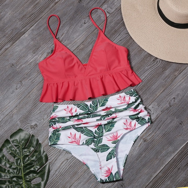 Sexy Ruffle Bikini Set Women Solid Print Swimsuit Sexy Backless Swimwear High Waist Bikinis Bathing Suit Beachwear Biquinis 2020