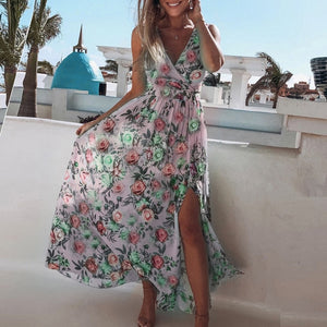 NEDEINS Women V Neck Split Dress Floral Print Long  Summer Spaghetti Strap Party Pink Chiffon Elegant Casual Maxi Dresses Beach