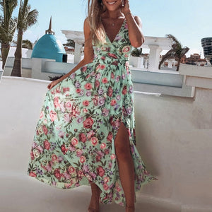 NEDEINS Women V Neck Split Dress Floral Print Long  Summer Spaghetti Strap Party Pink Chiffon Elegant Casual Maxi Dresses Beach