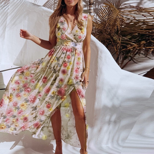 NEDEINS Women V Neck Split Dress Floral Print Long  Summer Spaghetti Strap Party Pink Chiffon Elegant Casual Maxi Dresses Beach