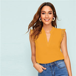 SHEIN V-Placket Lace Trim Shell Top 2019 Elegant V neck Stand Collar Summer Sleeveless Womens Tops and Blouses