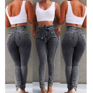 High Waist Jeans For Women Slim Stretch Denim Jean Bodycon Tassel Belt Bandage Skinny Push Up Jeans Woman