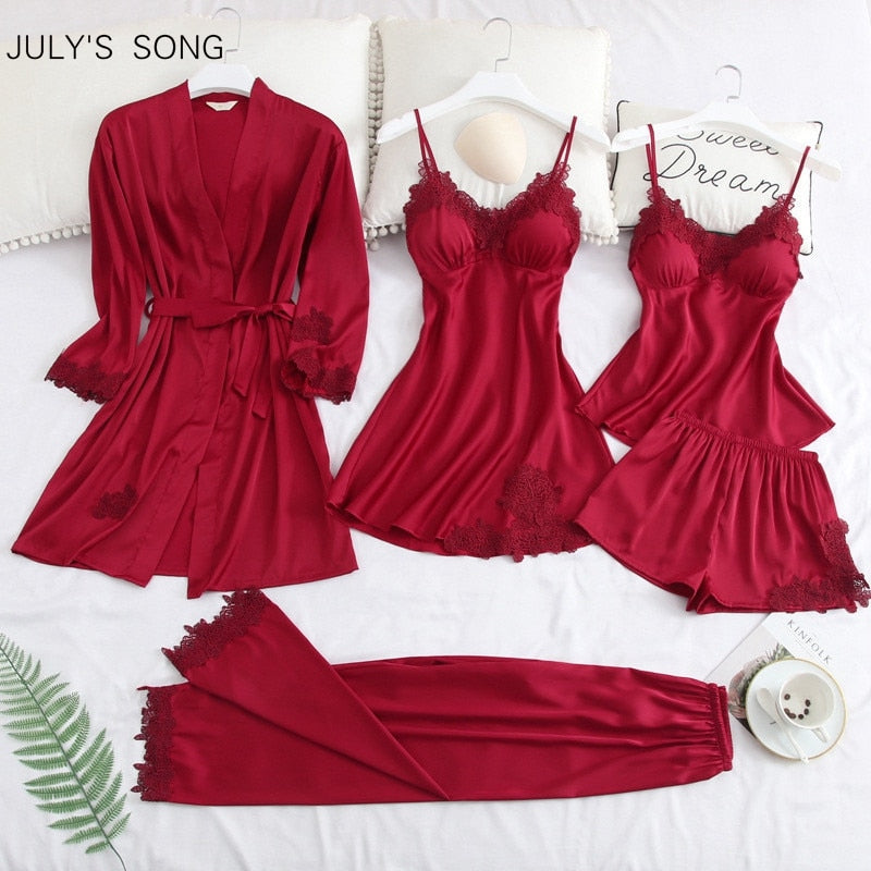 JULY'S SONG 5 Piece Pajamas Set Sexy Lace Stain Women Pajamas Faux Silk Dressing Gown Lace Summer Robe Sleepwear With Chest Pads