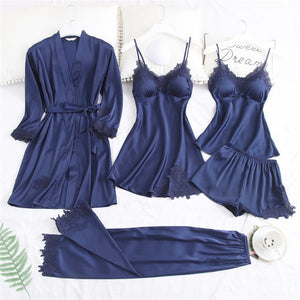 JULY'S SONG 5 Piece Pajamas Set Sexy Lace Stain Women Pajamas Faux Silk Dressing Gown Lace Summer Robe Sleepwear With Chest Pads