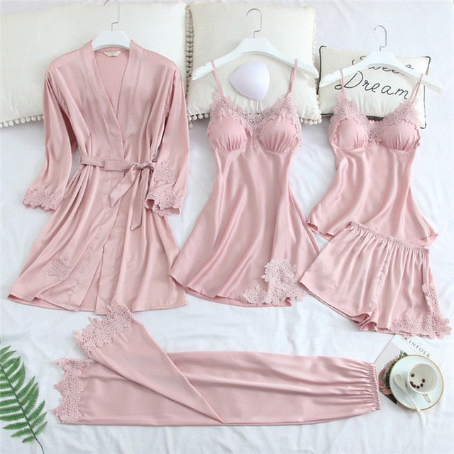 JULY'S SONG 5 Piece Pajamas Set Sexy Lace Stain Women Pajamas Faux Silk Dressing Gown Lace Summer Robe Sleepwear With Chest Pads