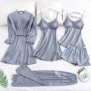 JULY'S SONG 5 Piece Pajamas Set Sexy Lace Stain Women Pajamas Faux Silk Dressing Gown Lace Summer Robe Sleepwear With Chest Pads