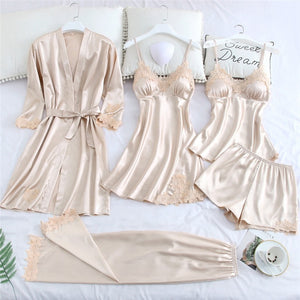 JULY'S SONG 5 Piece Pajamas Set Sexy Lace Stain Women Pajamas Faux Silk Dressing Gown Lace Summer Robe Sleepwear With Chest Pads