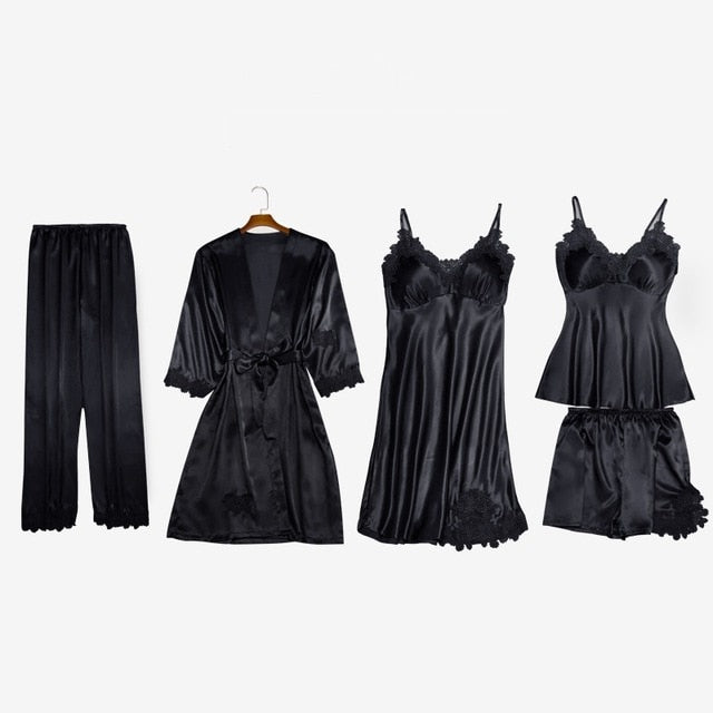 JULY'S SONG 5 Piece Pajamas Set Sexy Lace Stain Women Pajamas Faux Silk Dressing Gown Lace Summer Robe Sleepwear With Chest Pads