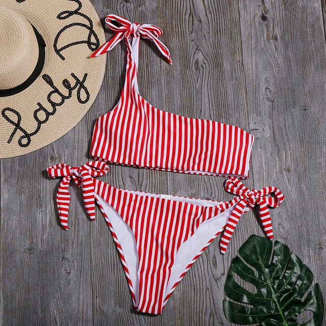 Sexy Stripe Bikinis Set Women One Shoulder Swimwear Low Waist Bandage Bathing Suit Swimsuit Summer Tube Top Female Beachwear