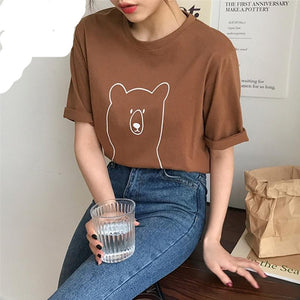 Mozuleva 2020 Chic Cartoon Bear Cotton Women T-shirt Summer Short Sleeve Female T Shirt Spring White O-neck Top Tees 100% Cotton