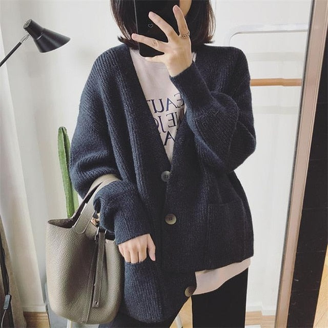 H.SA Women Cardigans Sweater V neck Solid Loose Knitwear Single Breasted Casual Knit Cardigan Outwear Winter Jacket Coat 2020