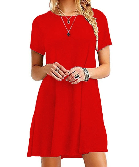 Casual Boho Beach Dresses  Womens O-Neck Party Summer Dress Short Sleeve Loose Mini Dress