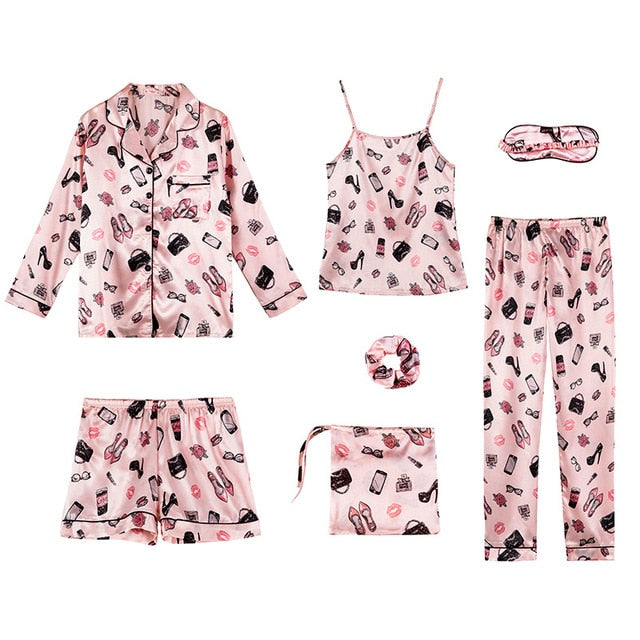 Sleepwear 7 Pieces Pyjama Set 2019 Women Autumn Winter Sexy Pajamas Sets Sleep Suits Soft Sweet Cute Nightwear Gift Home Clothes