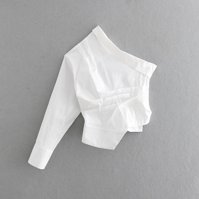 new women fashion solid color one shoulder pleated Shirt blouses women irregular hem white roupas femininas chemise shirt LS3222