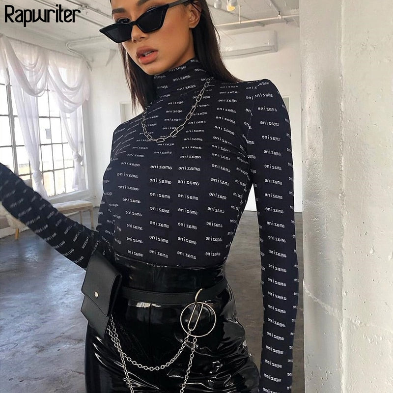 Rapwriter Fashion Letter Print Skinny Turtleneck Bodysuits Women 2020 Autumn Streetwear Long Sleeve Open Crotch Bodysuit Mujer