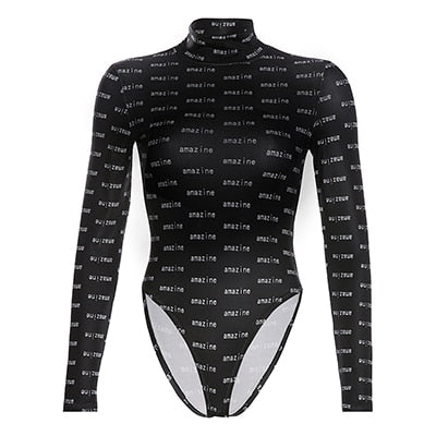 Rapwriter Fashion Letter Print Skinny Turtleneck Bodysuits Women 2020 Autumn Streetwear Long Sleeve Open Crotch Bodysuit Mujer