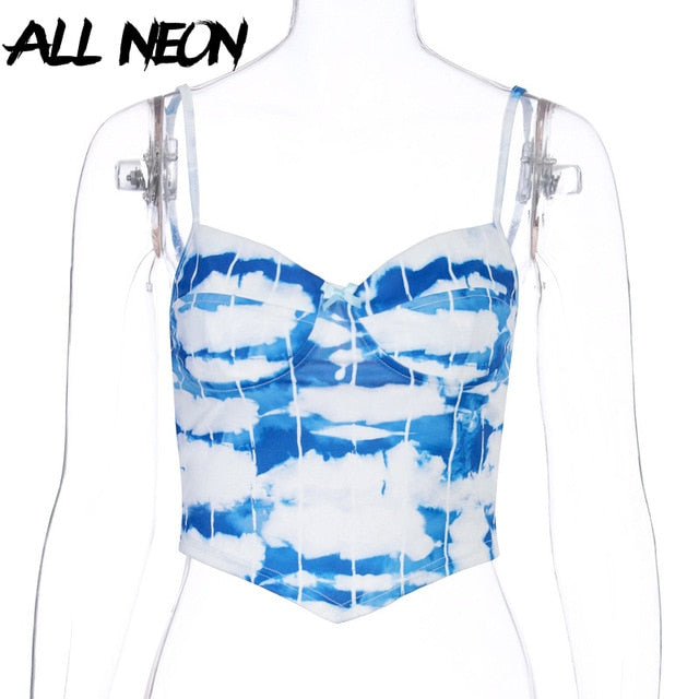 ALLNeon E-girl Tie Dye Spaghetti Strap Cute Crop Tops Y2K Summer Fashion Backless Skinny Colorful Camis Streetwear Party Tops