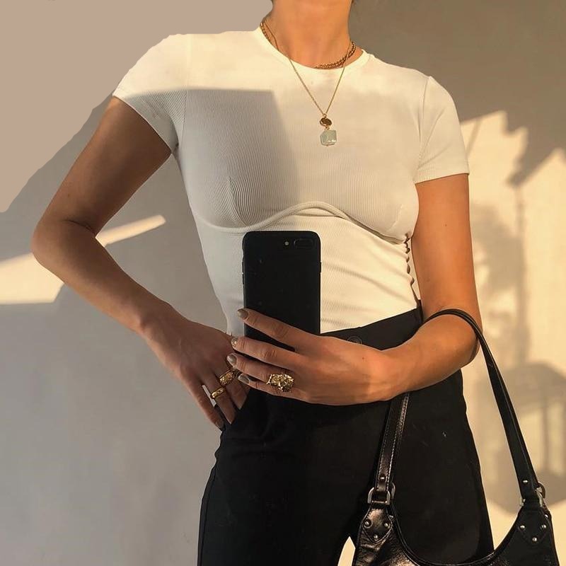 Rapwriter Casual Ribbed Crop Basic White T-Shirt Girl 2020 Summer Streetwear Crew neck Short Sleeve Stretch Tee Top feminina