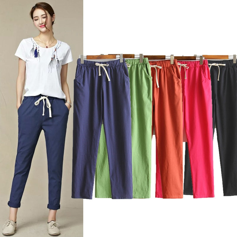 Womens Autumn/Summer Harem Pants Cotton Linen Solid Elastic waist Candy Colors Harem Trousers Soft high quality for Female ladys