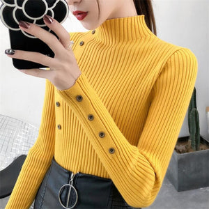 2020 Women Autumn Knitted Sweater Solid Knitted Female Cotton Soft Elastic Color Pullovers Button Full Sleeve Turtleneck