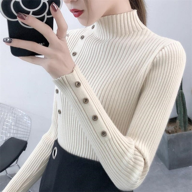 2020 Women Autumn Knitted Sweater Solid Knitted Female Cotton Soft Elastic Color Pullovers Button Full Sleeve Turtleneck