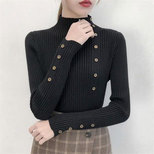 2020 Women Autumn Knitted Sweater Solid Knitted Female Cotton Soft Elastic Color Pullovers Button Full Sleeve Turtleneck