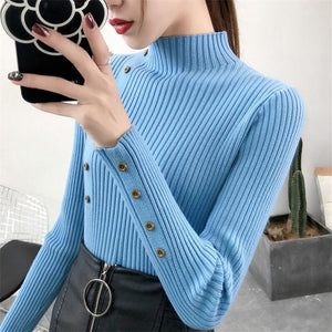 2020 Women Autumn Knitted Sweater Solid Knitted Female Cotton Soft Elastic Color Pullovers Button Full Sleeve Turtleneck