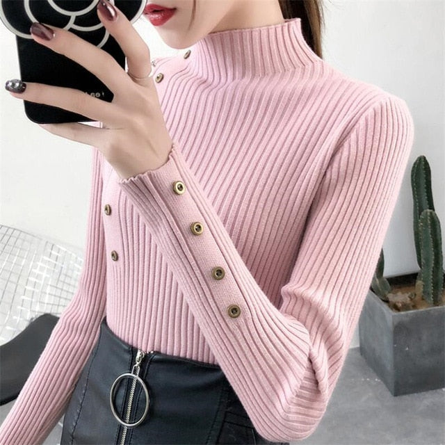 2020 Women Autumn Knitted Sweater Solid Knitted Female Cotton Soft Elastic Color Pullovers Button Full Sleeve Turtleneck