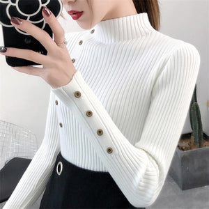 2020 Women Autumn Knitted Sweater Solid Knitted Female Cotton Soft Elastic Color Pullovers Button Full Sleeve Turtleneck