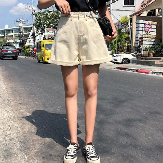 Syiwidii Streetwear womens shorts button denim high waist short harajuku denim fold wide legs blue shorts hot sale 2020 summer