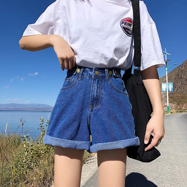 Syiwidii Streetwear womens shorts button denim high waist short harajuku denim fold wide legs blue shorts hot sale 2020 summer