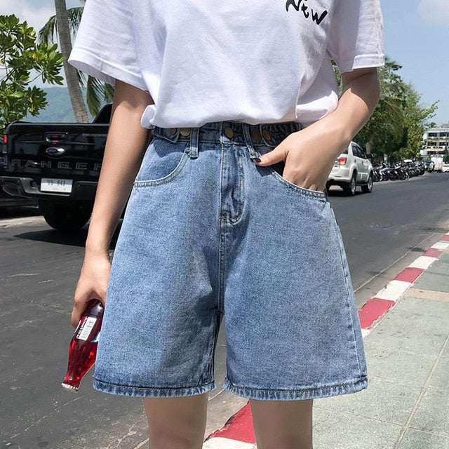 Syiwidii Streetwear womens shorts button denim high waist short harajuku denim fold wide legs blue shorts hot sale 2020 summer