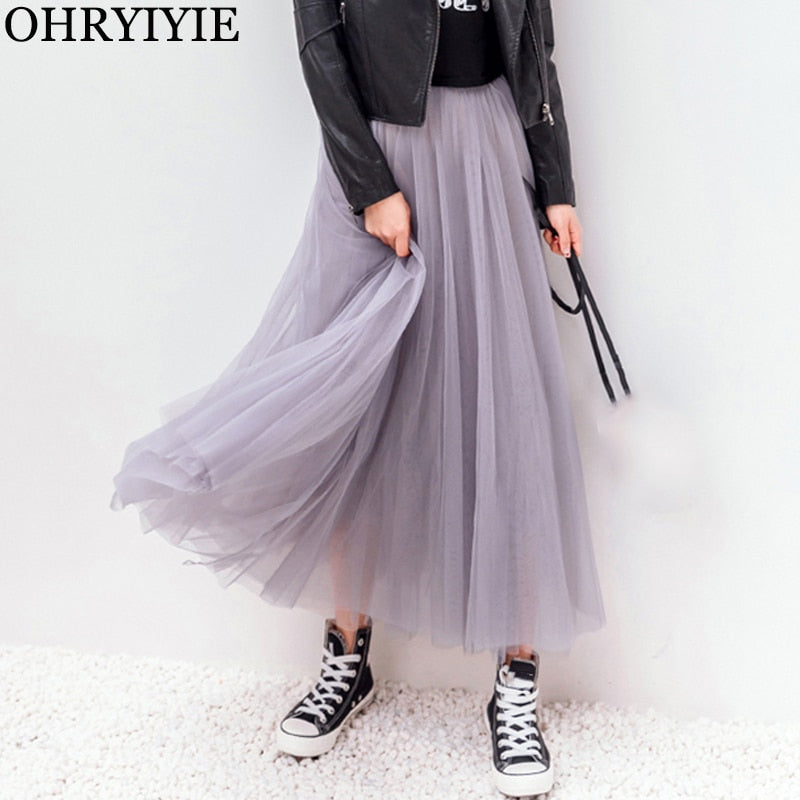 OHRYIYIE 2020 Spring Summer Vintage Tulle Skirt Women Elastic High Waist Mesh Skirts Long Pleated Tutu Skirt Female Jupe Longue