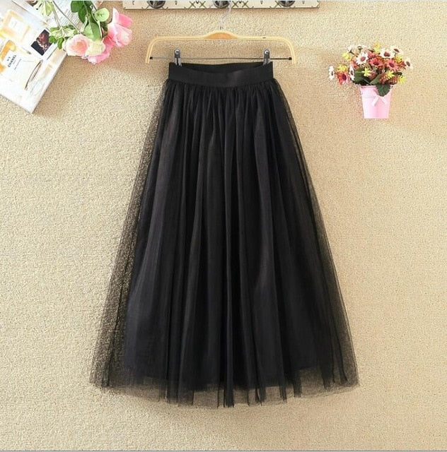 OHRYIYIE 2020 Spring Summer Vintage Tulle Skirt Women Elastic High Waist Mesh Skirts Long Pleated Tutu Skirt Female Jupe Longue