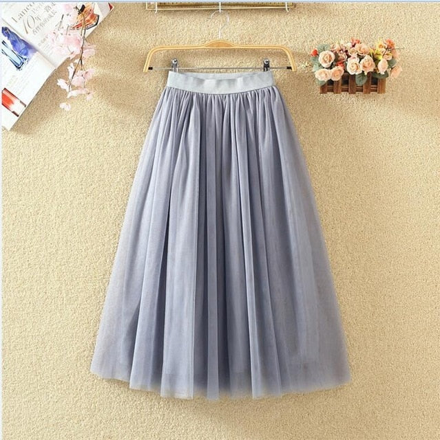 OHRYIYIE 2020 Spring Summer Vintage Tulle Skirt Women Elastic High Waist Mesh Skirts Long Pleated Tutu Skirt Female Jupe Longue