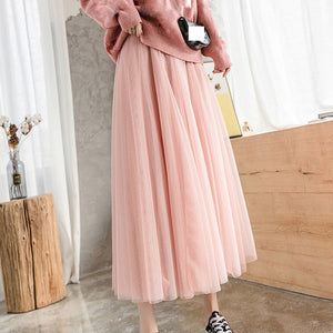 OHRYIYIE 2020 Spring Summer Vintage Tulle Skirt Women Elastic High Waist Mesh Skirts Long Pleated Tutu Skirt Female Jupe Longue