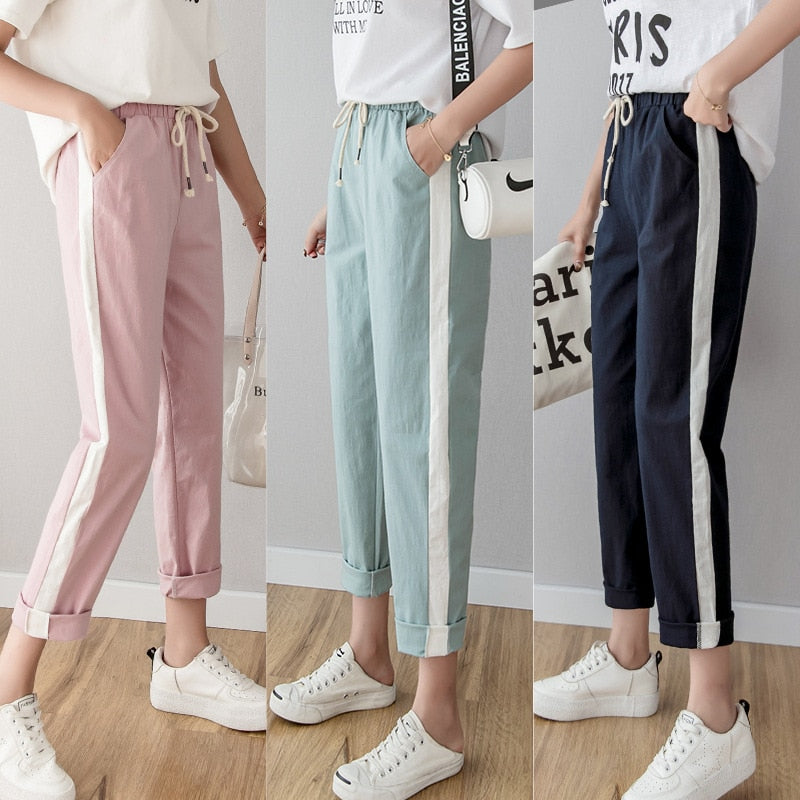 Cotton Linen Ankle Length Pants Women's Summer Autumn Casual Trousers Pencil Leisure Fashion Striped Women Pant Black Green Pink