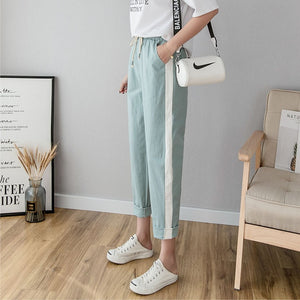 Cotton Linen Ankle Length Pants Women's Summer Autumn Casual Trousers Pencil Leisure Fashion Striped Women Pant Black Green Pink