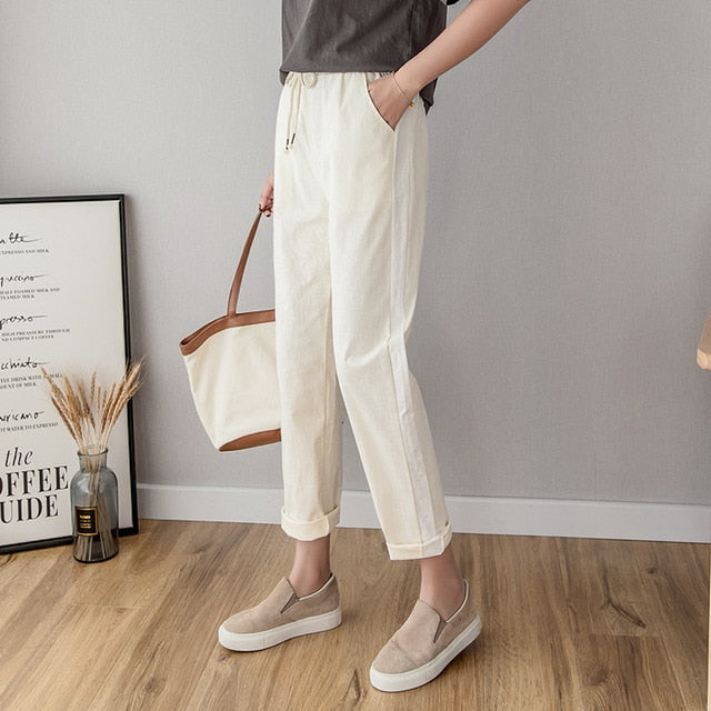 Cotton Linen Ankle Length Pants Women's Summer Autumn Casual Trousers Pencil Leisure Fashion Striped Women Pant Black Green Pink