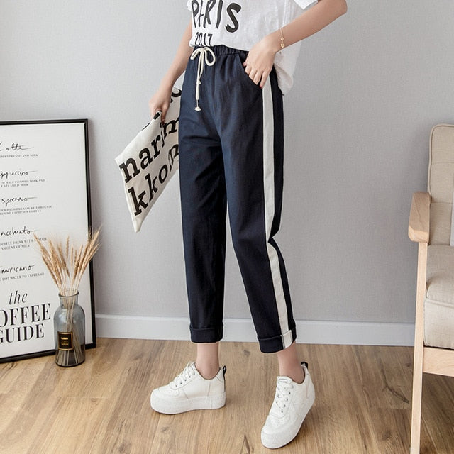 Cotton Linen Ankle Length Pants Women's Summer Autumn Casual Trousers Pencil Leisure Fashion Striped Women Pant Black Green Pink