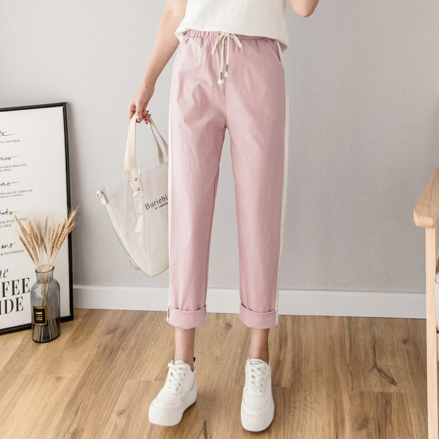 Cotton Linen Ankle Length Pants Women's Summer Autumn Casual Trousers Pencil Leisure Fashion Striped Women Pant Black Green Pink