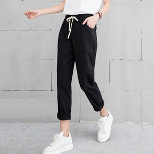 Cotton Linen Ankle Length Pants Women's Summer Autumn Casual Trousers Pencil Leisure Fashion Striped Women Pant Black Green Pink