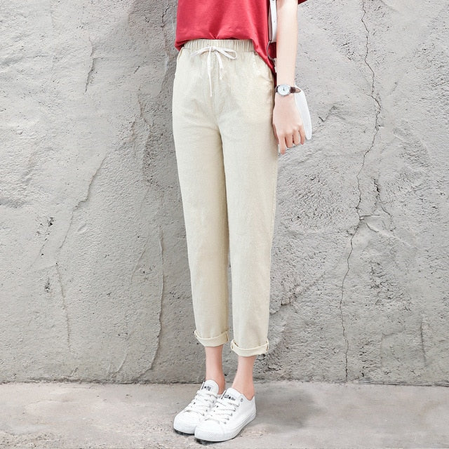 Cotton Linen Ankle Length Pants Women's Summer Autumn Casual Trousers Pencil Leisure Fashion Striped Women Pant Black Green Pink