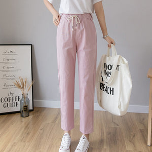 Cotton Linen Ankle Length Pants Women's Summer Autumn Casual Trousers Pencil Leisure Fashion Striped Women Pant Black Green Pink